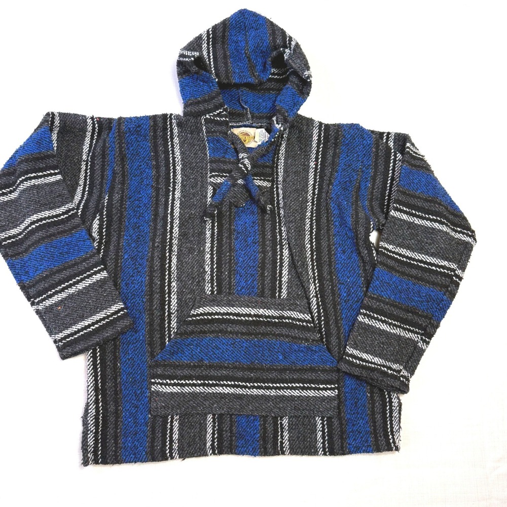 Earth Ragz Baja Hoodie Blanket Sweater Blue Black Striped Mexico‎ Style S